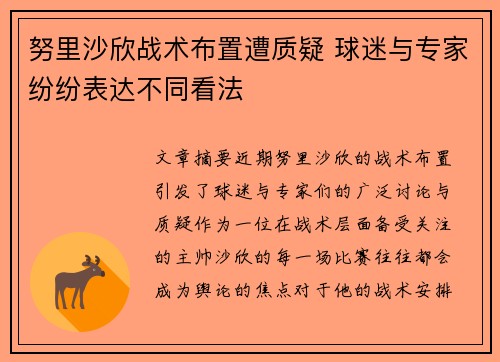 努里沙欣战术布置遭质疑 球迷与专家纷纷表达不同看法