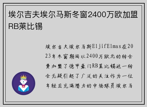 埃尔吉夫埃尔马斯冬窗2400万欧加盟RB莱比锡