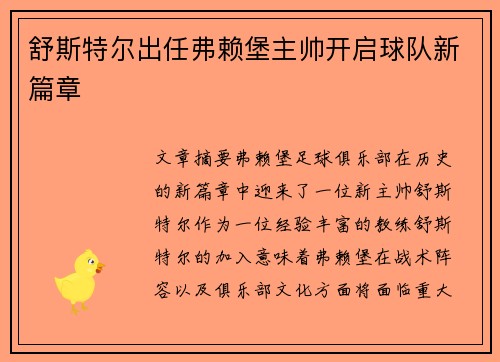 舒斯特尔出任弗赖堡主帅开启球队新篇章 舒斯特尔出任弗赖堡主帅开启球队新篇章