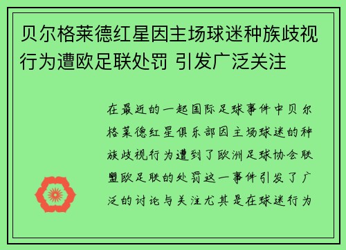 贝尔格莱德红星因主场球迷种族歧视行为遭欧足联处罚 引发广泛关注
