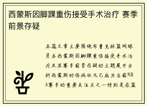 西蒙斯因脚踝重伤接受手术治疗 赛季前景存疑 西蒙斯因脚踝重伤接受手术治疗 赛季前景存疑