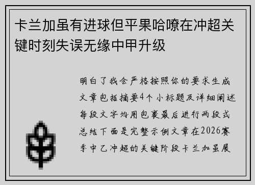 卡兰加虽有进球但平果哈嘹在冲超关键时刻失误无缘中甲升级