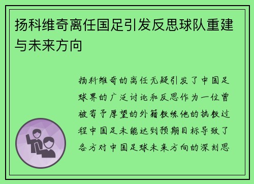扬科维奇离任国足引发反思球队重建与未来方向
