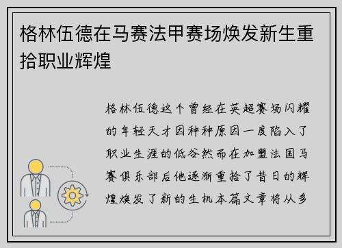 格林伍德在马赛法甲赛场焕发新生重拾职业辉煌